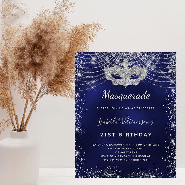 Masquerade navy blue silver budget invitation flyer (Creator Uploaded)
