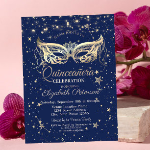 Masquerade, Navy Blue Stars  Quinceañera Invitation