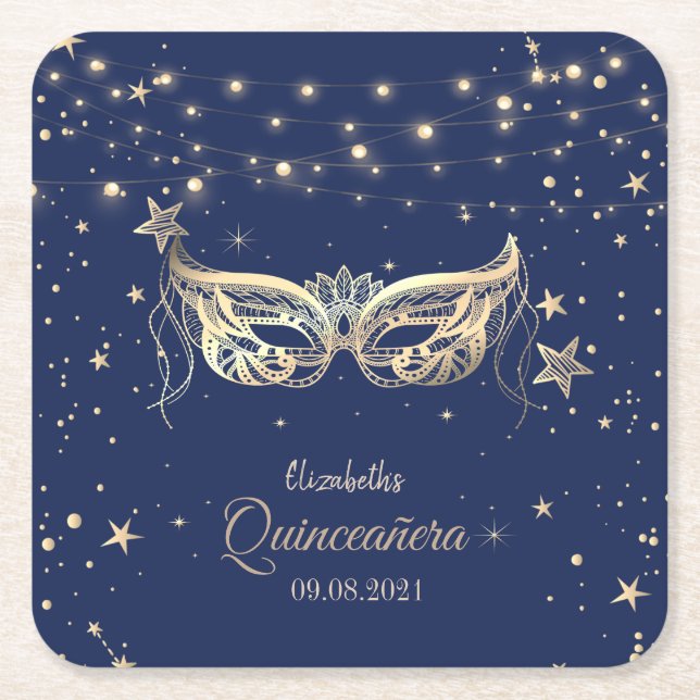 Masquerade, Navy Blue Stars  Quinceañera    Square Paper Coaster (Front)