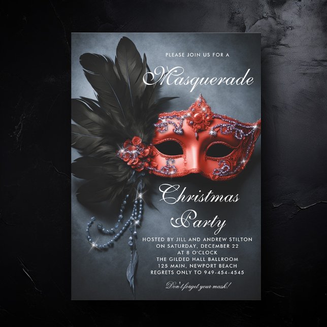 Masquerade Navy Silver Red Moody Christmas Party Invitation (masquerade christmas party invitation venetian mask red navy silver elegant ball painting artistic)