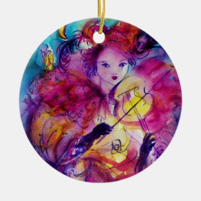 MASQUERADE NIGHT Carnival Musician in Pink Costume Ceramic Ornament (Front)