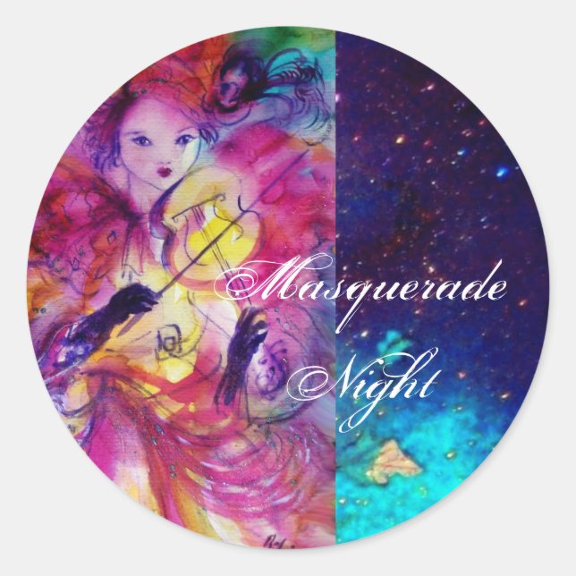 MASQUERADE NIGHT Carnival Musician in Pink Costume Classic Round Sticker (Front)