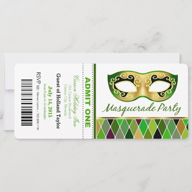Masquerade Party Admit One Ticket | green Invitation (Front)
