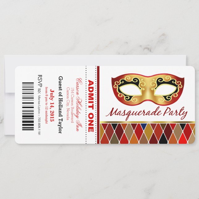 Masquerade Party Admit One Ticket | red Invitation (Front)