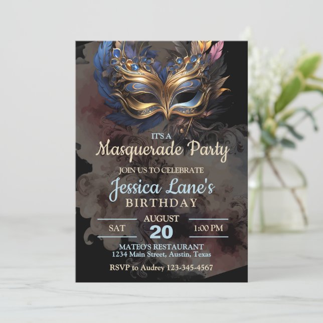 Masquerade Party Birthday Invitation (Standing Front)