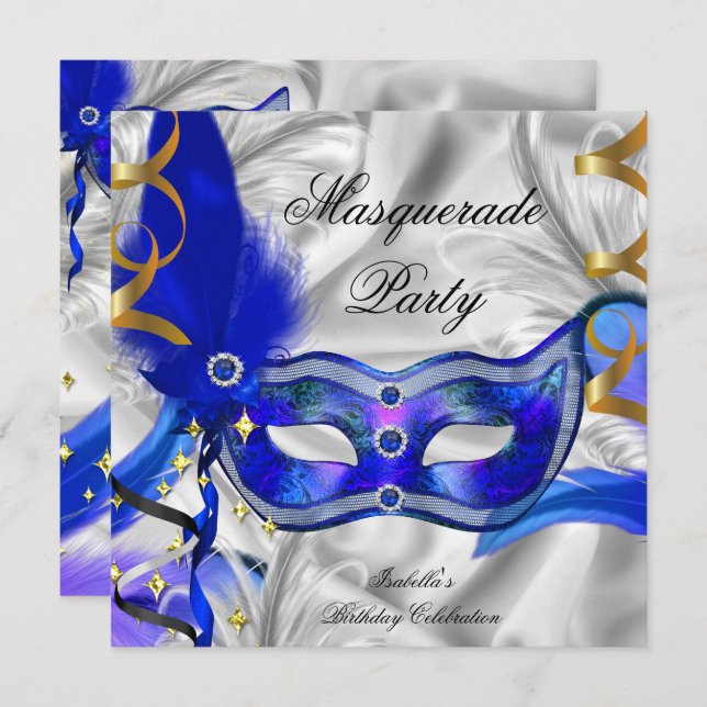 Masquerade Party Birthday Party Blue Silver Invitation (Front/Back)