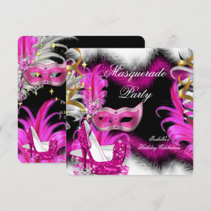 Masquerade Party Birthday Pink Black White 2 Invitation