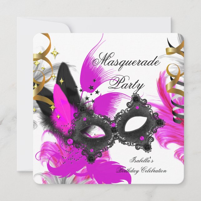 Masquerade Party Birthday Pink Mask Black White Invitation (Front)