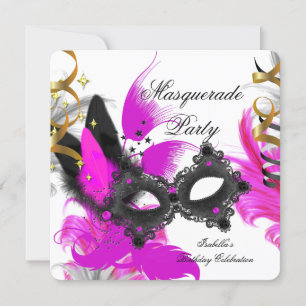 Masquerade Party Birthday Pink Mask Black White Invitation