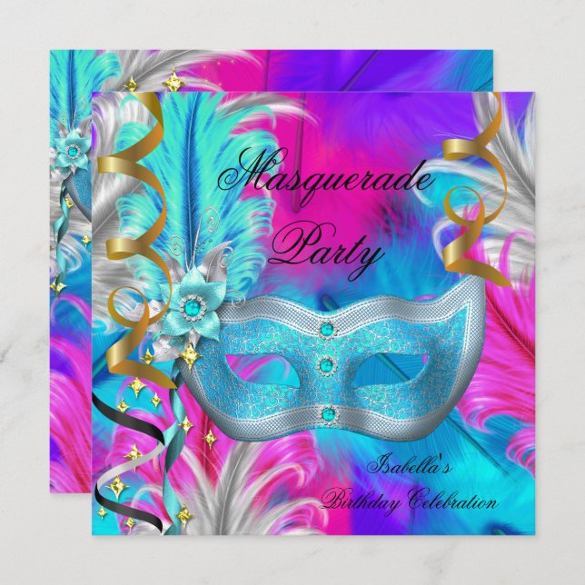 Masquerade Party Birthday Teal Mask Purple Pink Invitation (Front/Back)
