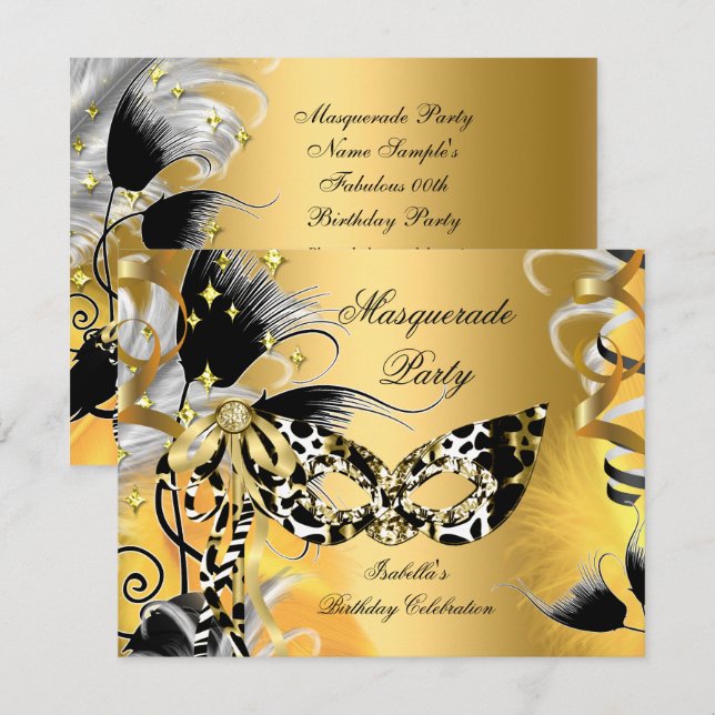 Masquerade Party Birthday Wild Mask Black Gold 2 Invitation (Front/Back)