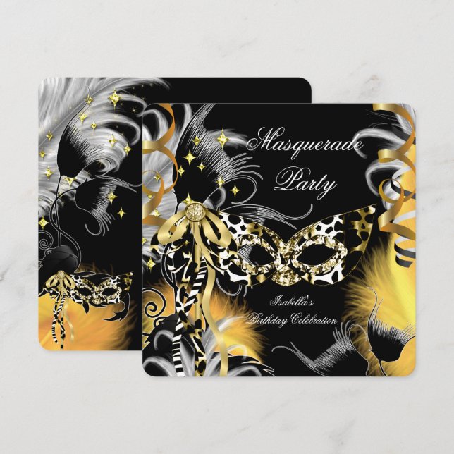 Masquerade Party Birthday Wild Mask Black Gold 3 Invitation (Front/Back)
