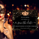 Masquerade party black gold budget save the date flyer<br><div class="desc">Please note that this save the date is on flyer paper and very thin. Envelopes are not included. For thicker cards (same design) please visit our store. A girly and trendy Save the Date for a 50th (or any age) birthday masquerade party. A classic black background decorated with faux gold...</div>