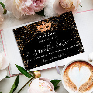 Masquerade party black gold glitter glamourous save the date