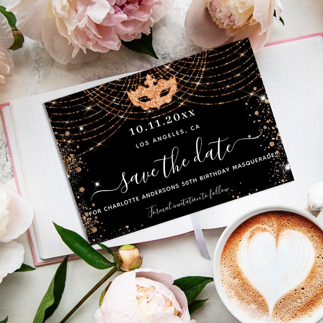 Masquerade party black gold glitter save the date announcement postcard (Creator Uploaded)