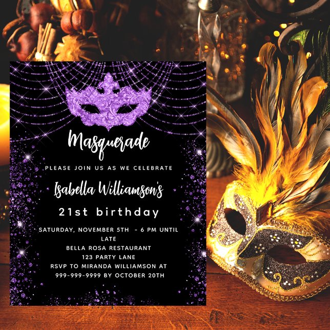 Masquerade party black purple budget invitation flyer (Creator Uploaded)