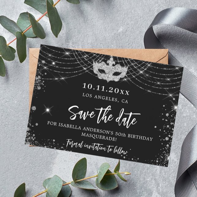 Masquerade party black silver save the date card (Creator Uploaded)