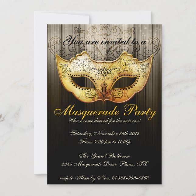 Masquerade Party Celebration Fancy Gold Invitation (Front)