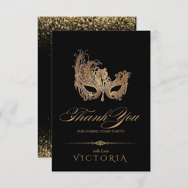 Masquerade Party Chic Gold Flat Thank You Card (Front/Back)