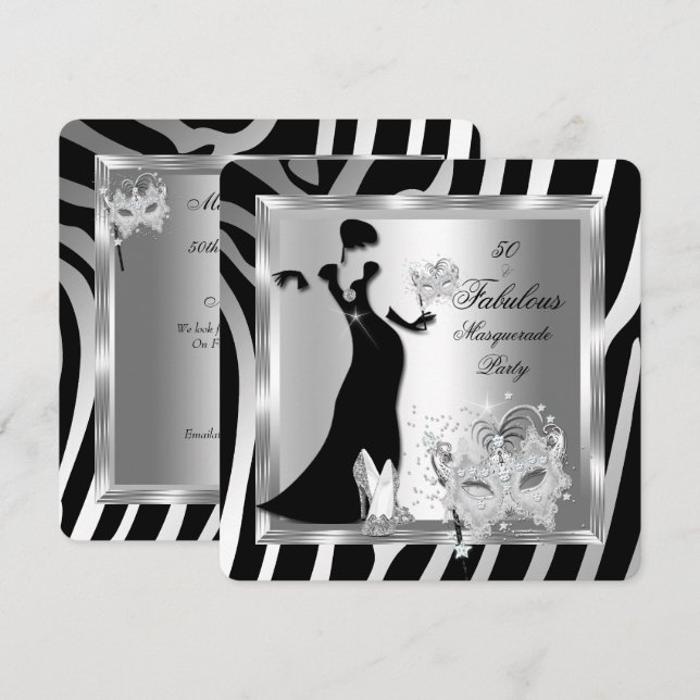 Masquerade Party Fabulous 50 Zebra Silver Black Invitation (Front/Back)