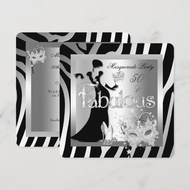 Masquerade Party Fabulous 50 Zebra Silver Black Invitation (Front/Back)