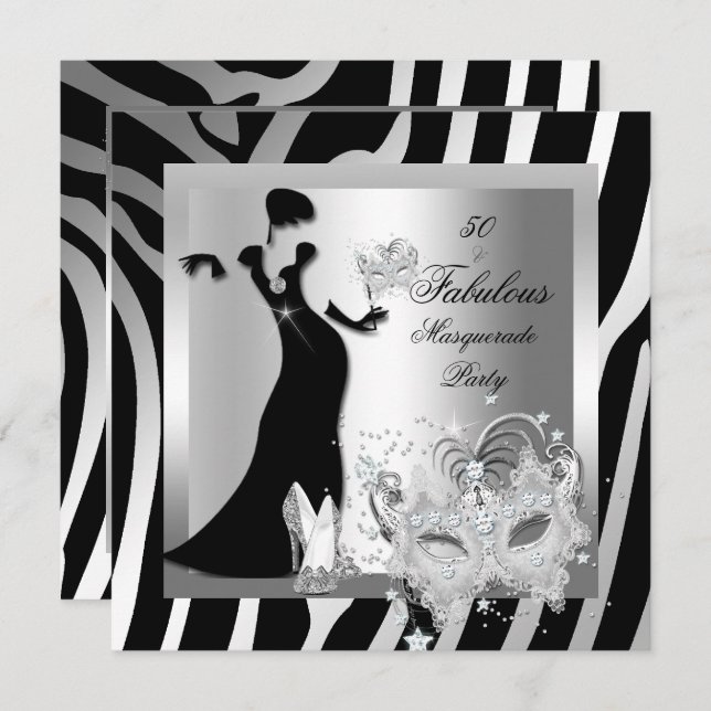 Masquerade Party Fabulous 50 Zebra Silver Invitation (Front/Back)