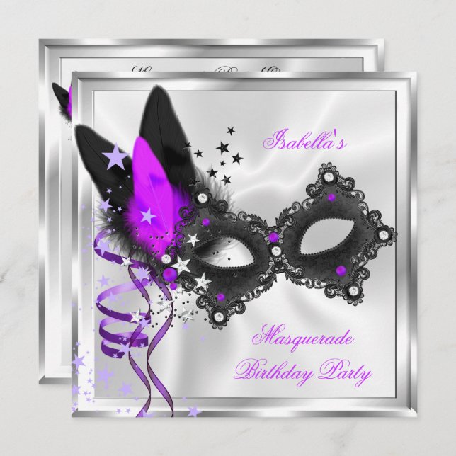 Masquerade Party Glitter Purple Silver Black Mask Invitation (Front/Back)
