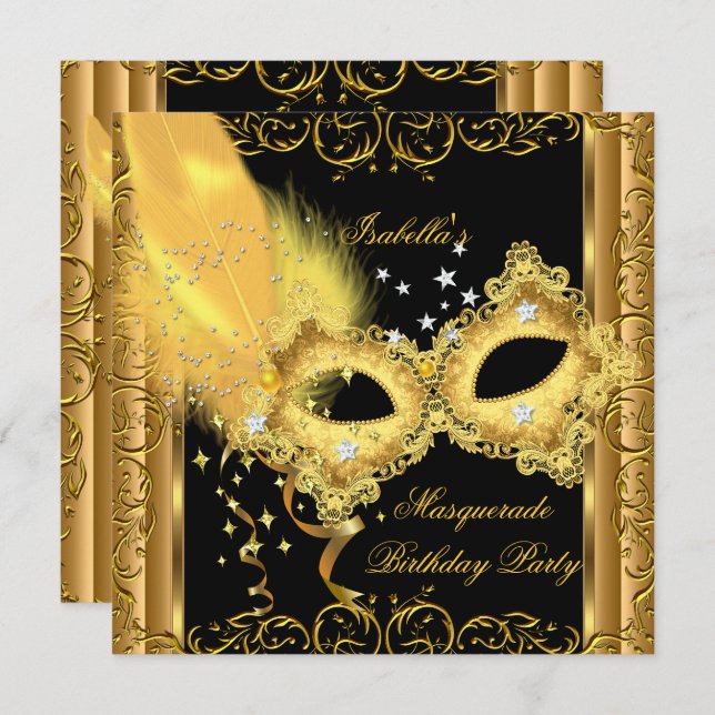 Masquerade Party Gold Black Yellow Mask Invitation (Front/Back)