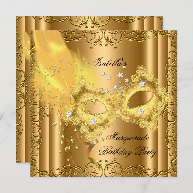 Masquerade Party Gold Bronze Yellow Mask Invitation (Front/Back)