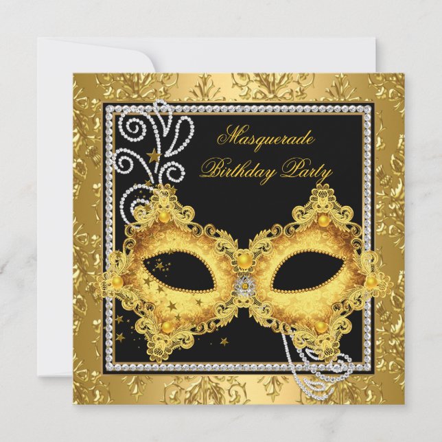 Masquerade Party Gold Damask Black Yellow Mask 3 Invitation (Front)