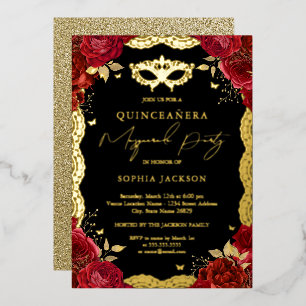 Masquerade Party Gold Red Rose Lace Quinceanera