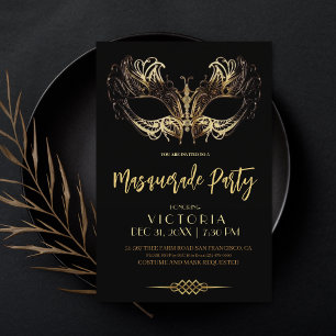 Masquerade Party Luxury Black Gold Birthday  Invitation