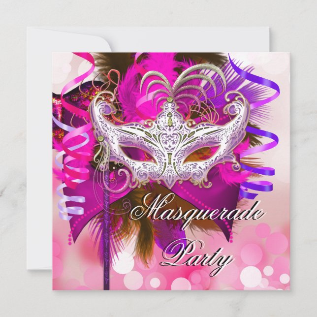 Masquerade Party Mask Black Purple Pink Mardi Gras Invitation (Front)