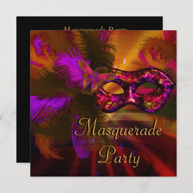 Masquerade Party Mask Black Purple Red Mardi Gras Invitation (Front/Back)