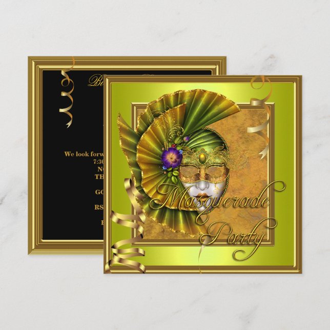 Masquerade Party Masks Gold Black Birthday Invitation (Front/Back)