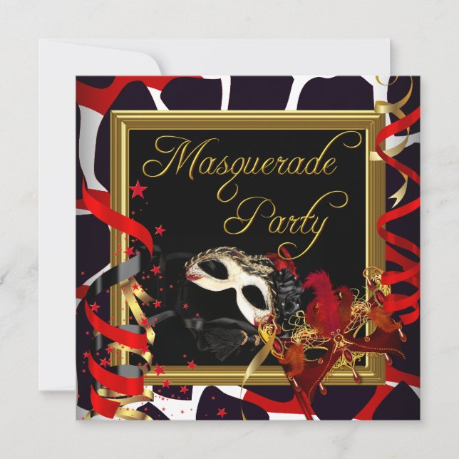 Masquerade Party Masks Gold Wild Red Black Invitation (Front)
