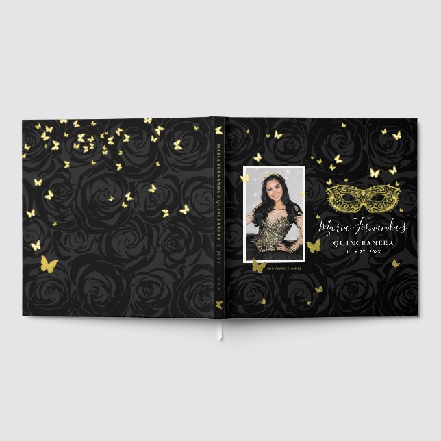 Masquerade Party Photo Real Gold Foil Black Quince Guest Book (Full)
