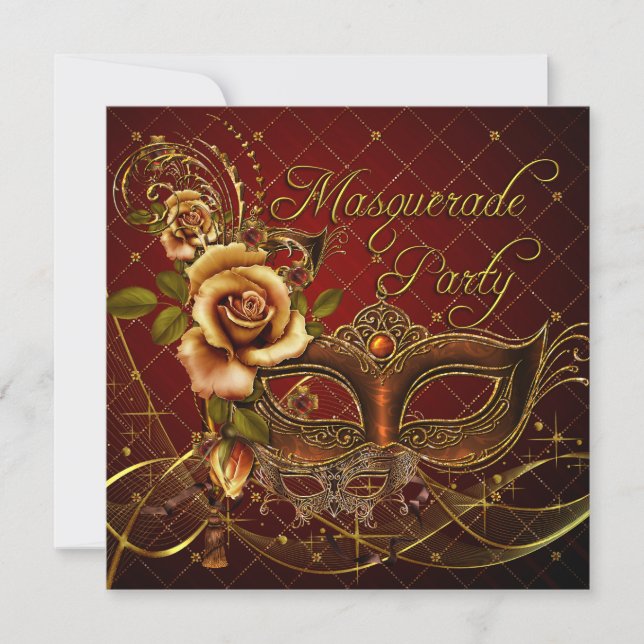 Masquerade Party Red Masks Gold Black Birthday Invitation (Front)