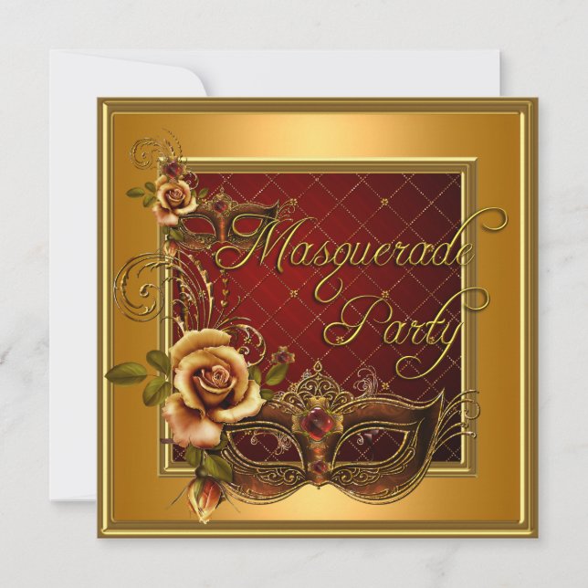Masquerade Party Red Masks Gold Black Birthday Invitation (Front)