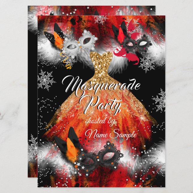 Masquerade Party Red Orange Masks Ice Fire Invitation (Front/Back)