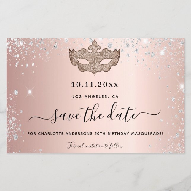 Masquerade party rose gold save the date card (Front)