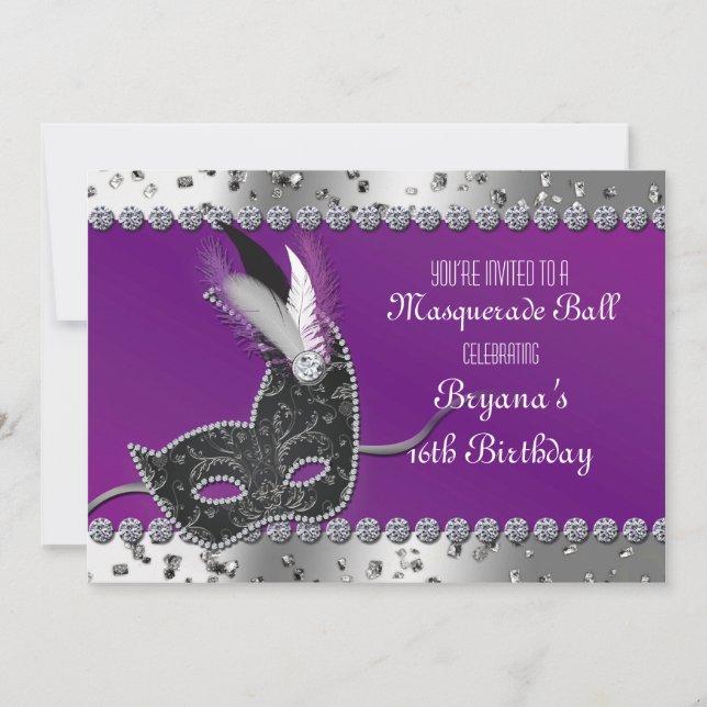 Masquerade Party Silver Purple Birthday Invitation (Front)