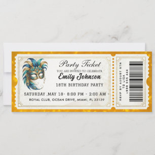 Masquerade Party Ticket Birthday Invitation Gold