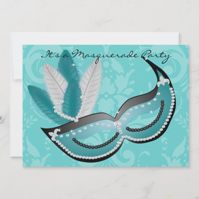 Masquerade Party Turquoise Venetian Mask Invite (Front)