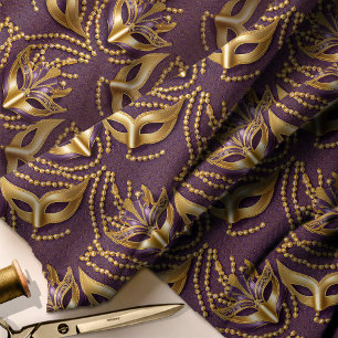 Masquerade Pattern Beads Masks Purple Gold ID1031 Fabric