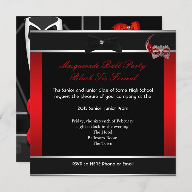 Masquerade Prom High School Dance Red Black Invitation (Front/Back)