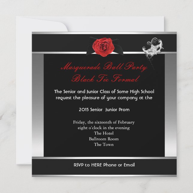 Masquerade Prom High School Dance Silver Red Invitation (Front)