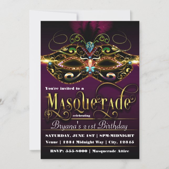 MASQUERADE Purple Colourful Mask Party Invitations (Front)