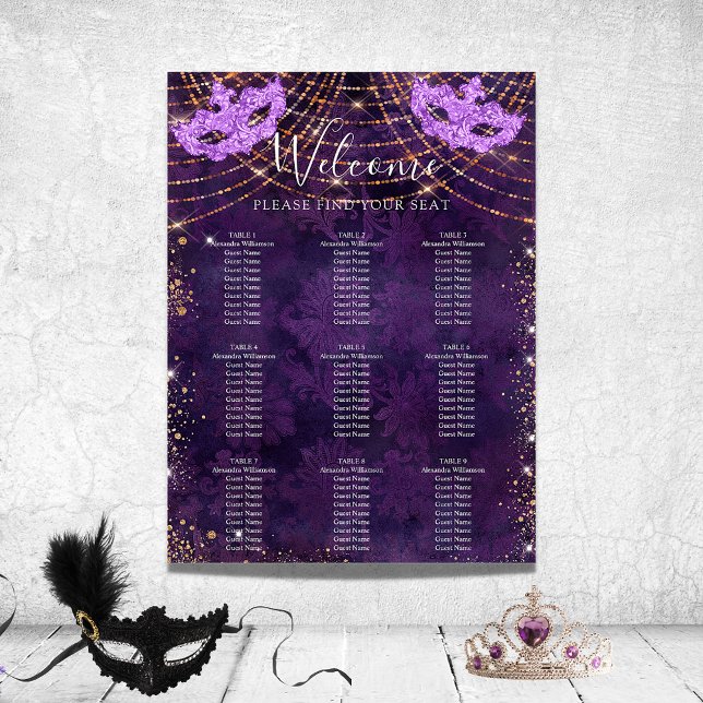 Masquerade purple glitter 9 tables seating chart (Creator Uploaded)