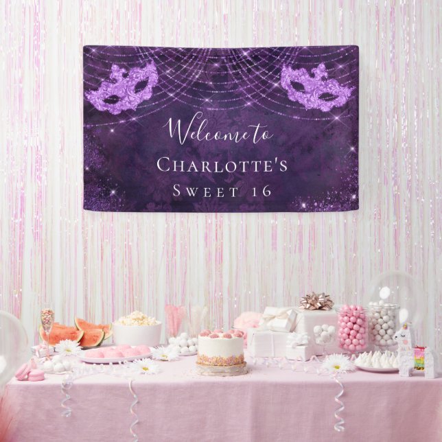 Masquerade purple glitter dust Sweet 16 birthday Banner (Party)